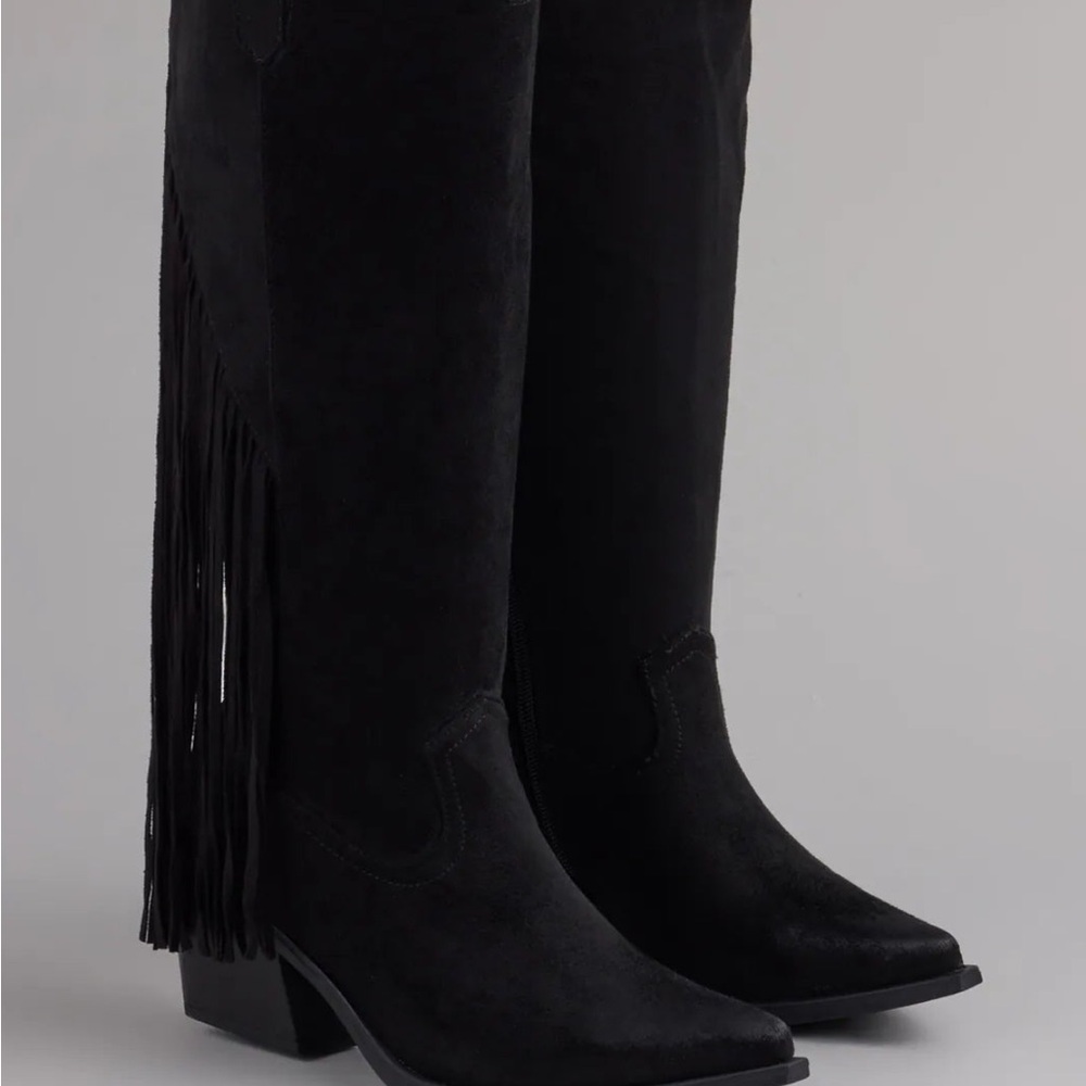 Brand new- never worn Windsor Black Heeled fringe Boots with Sleek Design